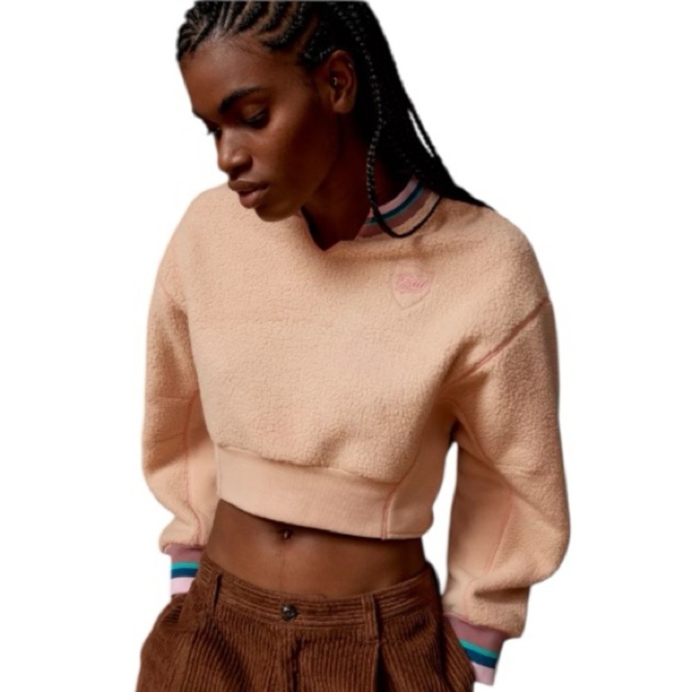 BDG Urban Outfitters Peach Fleece Cropped Pullover Striped Trim NWOT L